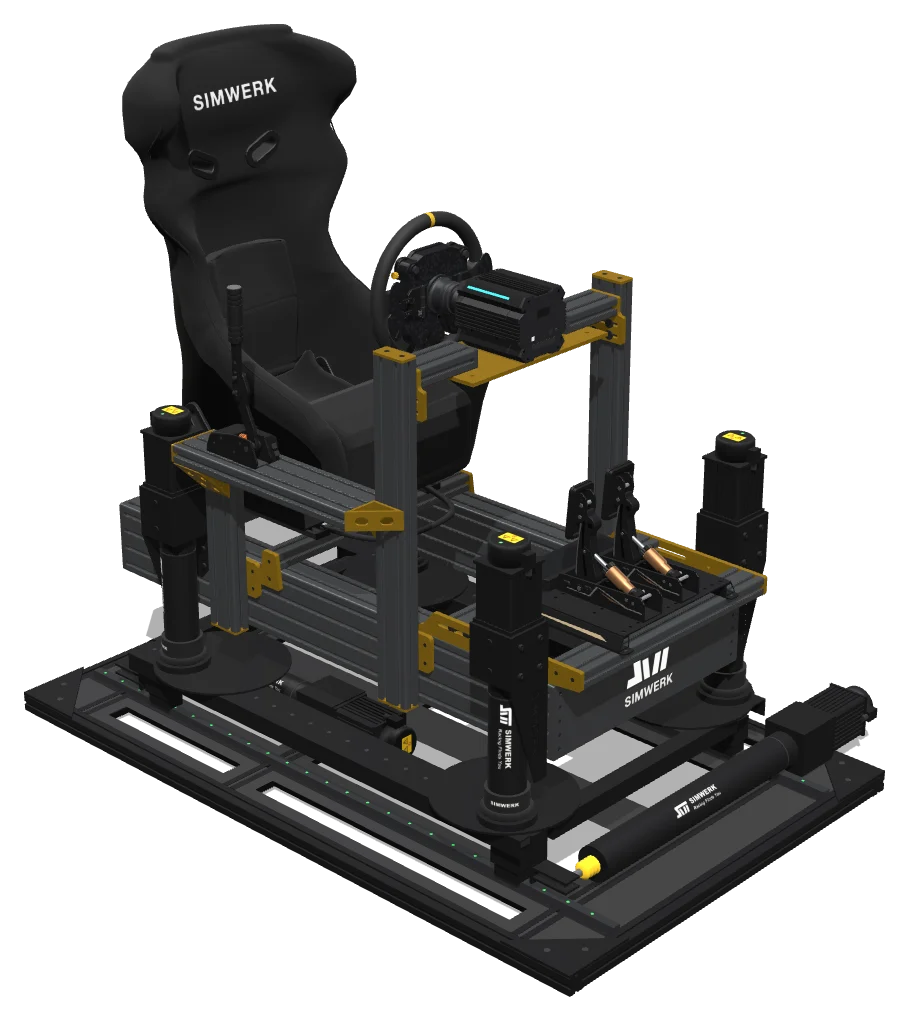 SimWerk Grand in Gunmetal + Gold on the SimWerk 7DOF motion system (3D render)