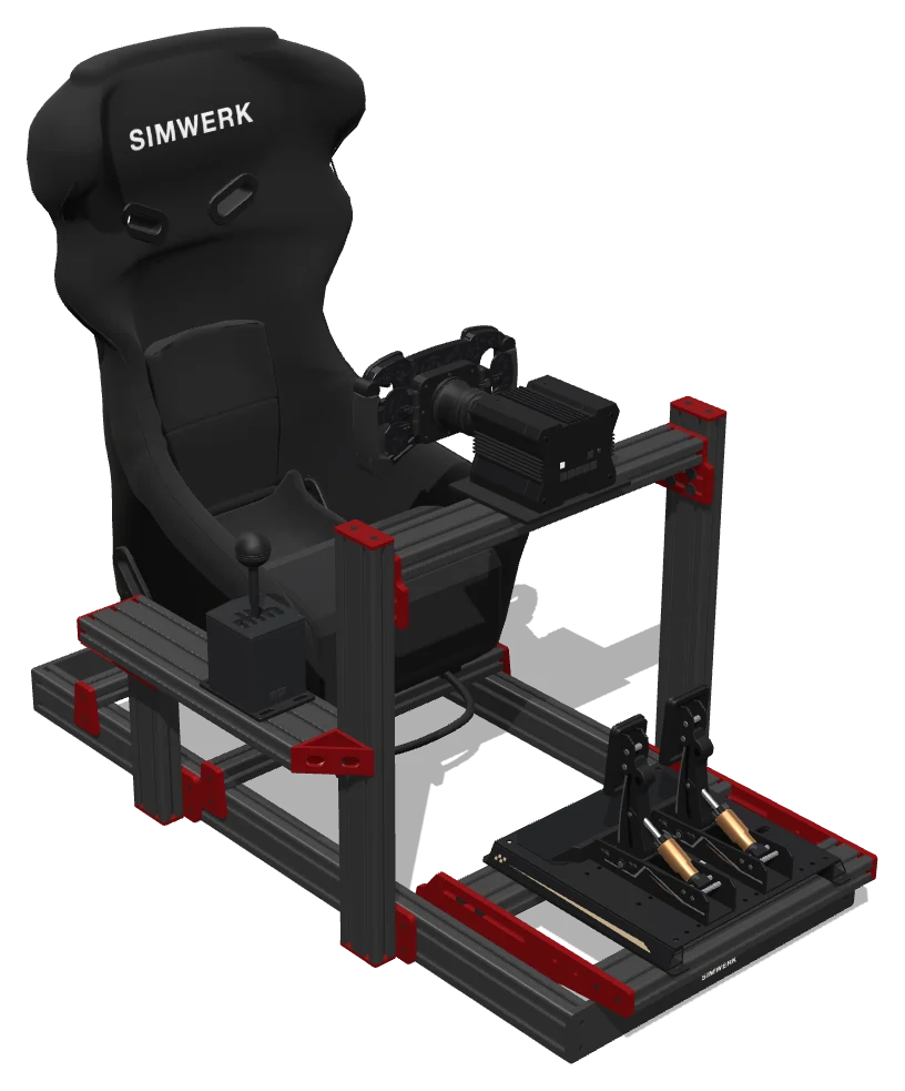 SimWerk Core in Stealth + Signal Red with a Performance seat, MOZA R12 base, GS V2P wheel, CRP2 pedals and HGP shifter (3D render)