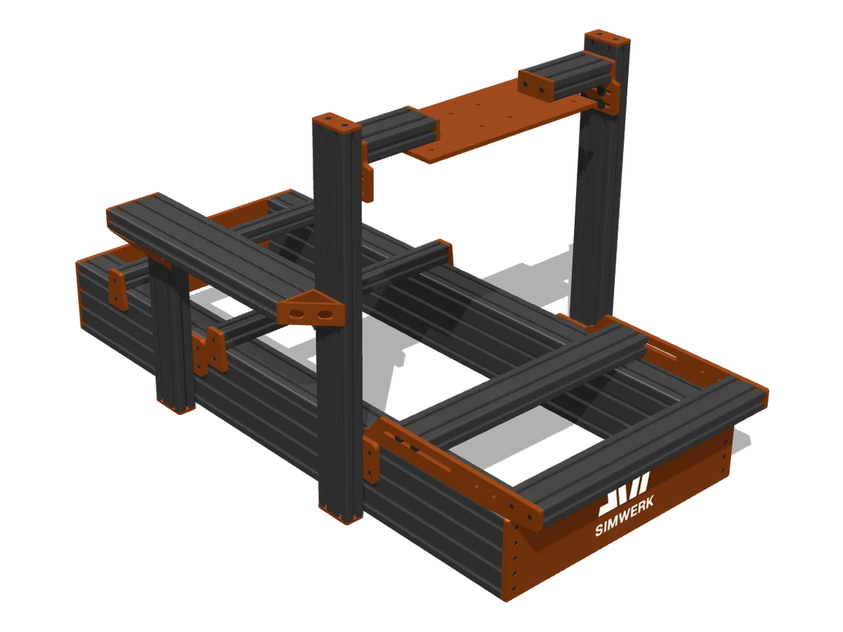 SimWerk Grand chassis in Black + Werk Orange: Stealth Black profiles, Werk Orange CNC parts, wheel-deck plate and logo plate (3D preview)