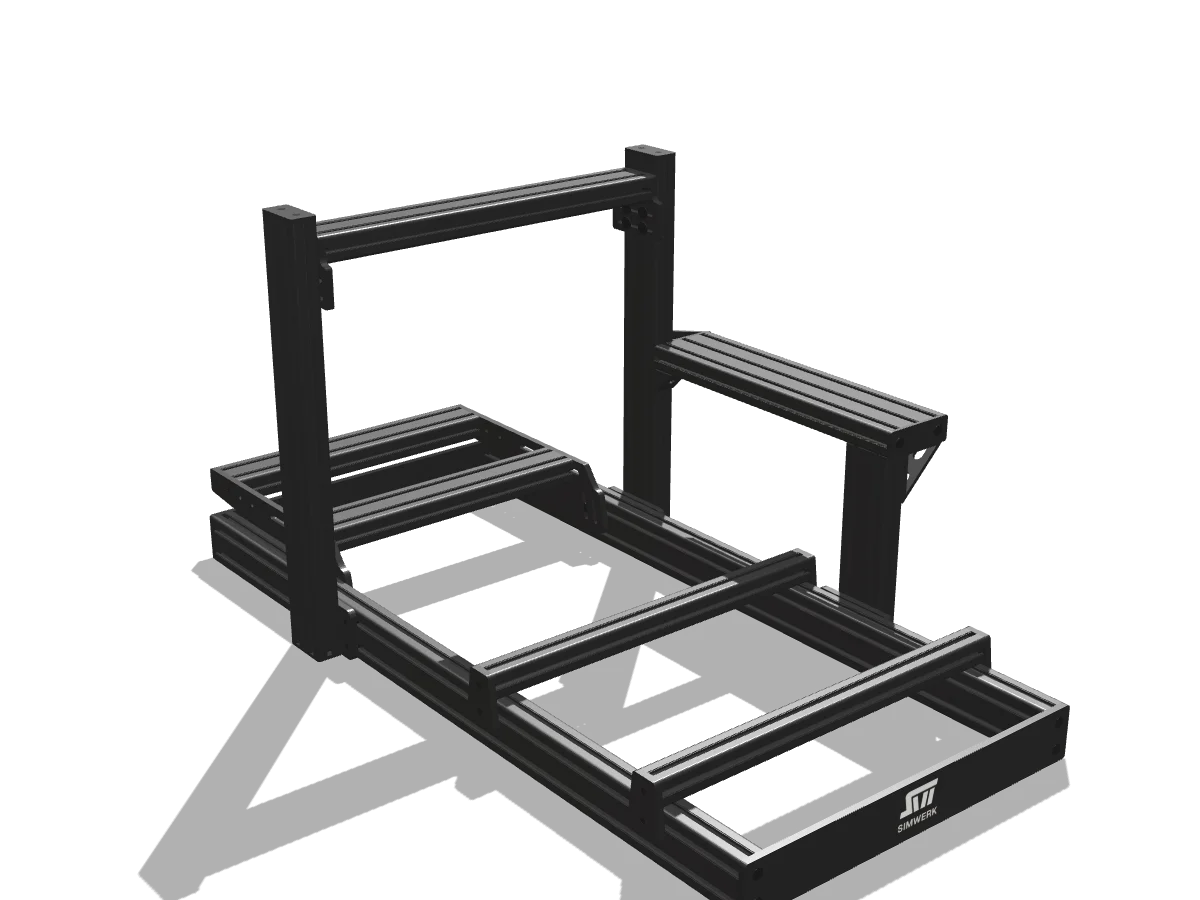 SimWerk Core chassis in Stealth Black, rear three-quarter view with the engraved logo plate
